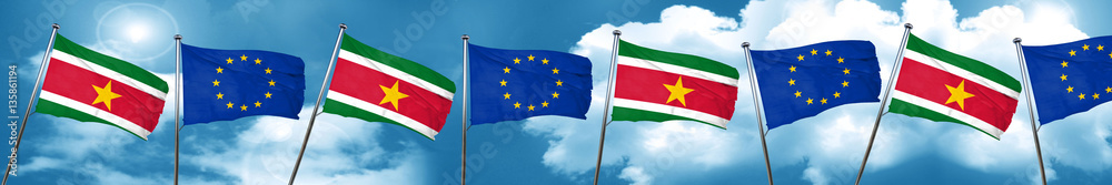 Suriname flag with european union flag, 3D rendering