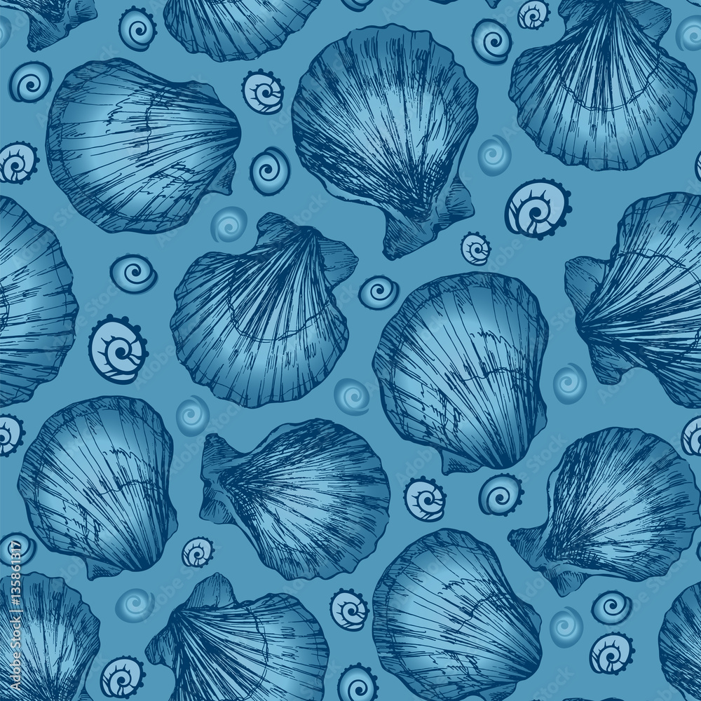 Vector seamless pattern sketch of seashells on blue background. Hand-drawn sea animals
