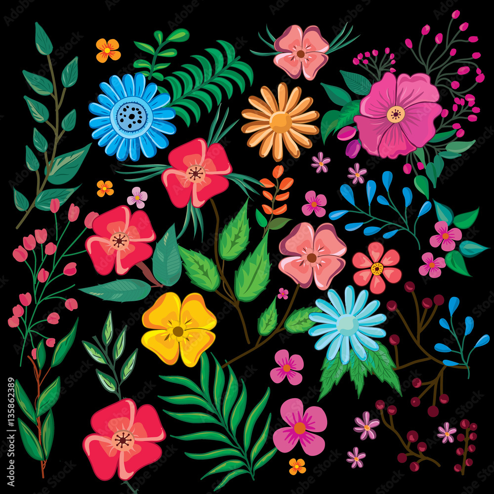 Flowers pattern on black background. Colorful flowers painting