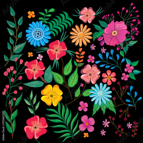Fototapeta Naklejka Na Ścianę i Meble -  Flowers pattern on black background. Colorful flowers painting