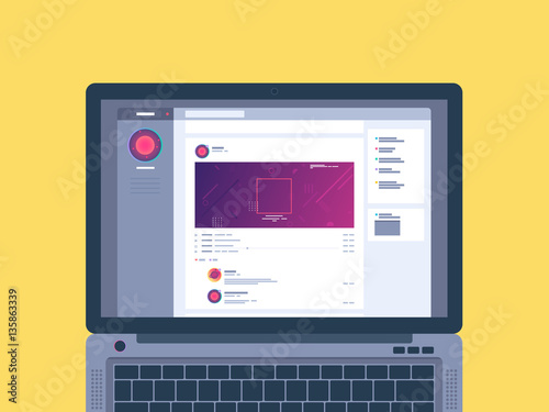 Laptop with social network. Flat design vector illustration