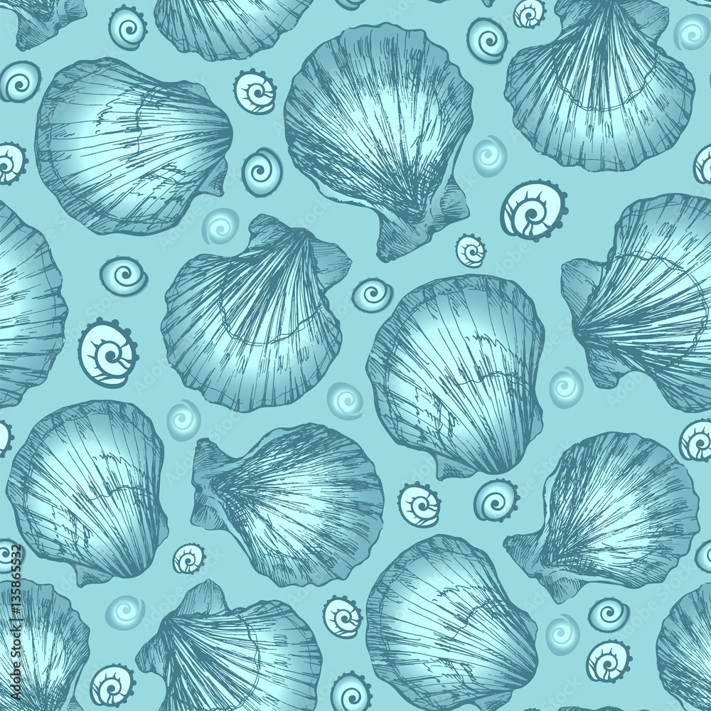 Vector seamless pattern sketch of seashells on blue background. Hand-drawn sea animals