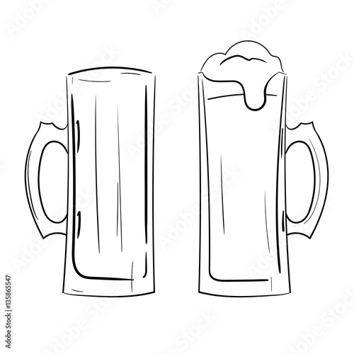 two pint glasses of beer, full and empty
