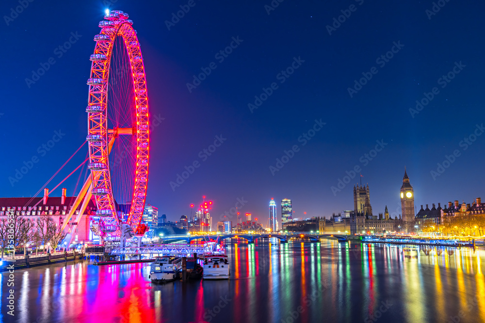 The Big Ben and the London Eye, London, UK - obrazy, fototapety, plakaty 