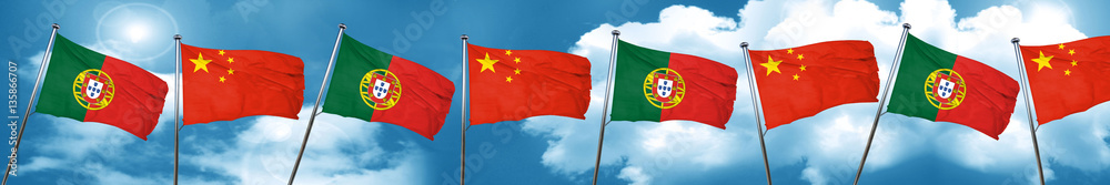 Portugal flag with China flag, 3D rendering Portugal flag with China flag, 3D rendering