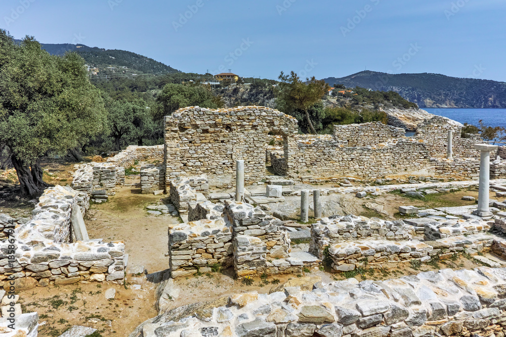 Columns in Ruins of ancient church in Archaeological site of Aliki, Thassos island,  East Macedonia and Thrace, Greece