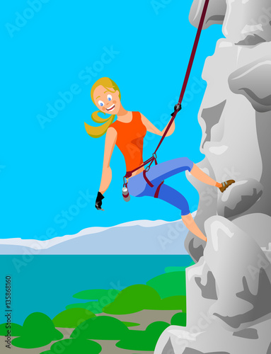 Climber blonde girl clings to the safety belts on a cliff. Vector illustration.