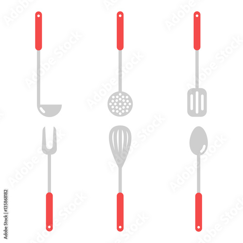 Kitchen ladle cooking home culinary silver equipment flat vector illustration.