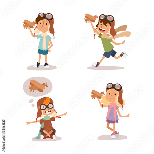 Cartoon vector kids playing pilot aviation character.