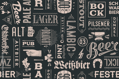 Seamless pattern with types of beer and hand drawn lettering for bar, pub, cafe, fest and party. Vintage drawing for placemat, bar menu, t-shirt print and beer themes. Vector Illustration photo