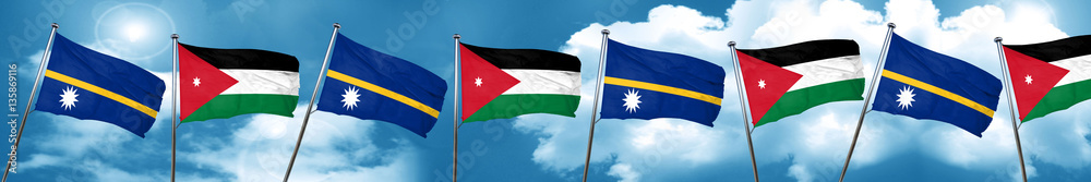 Nauru flag with Jordan flag, 3D rendering Nauru flag with Jordan flag, 3D rendering