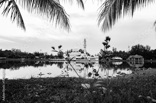 black and white concept of iconic floating mosque at Terengganu Malaysia