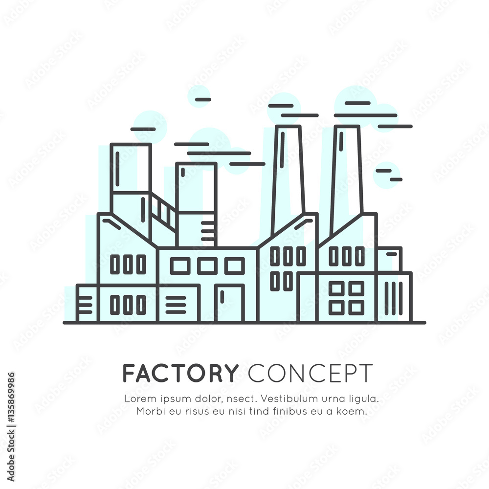 Vector Icon Style Illustration Concept of Factory building, Industrial Landscape, Ecology, Environment, Energy Producing, One page website background