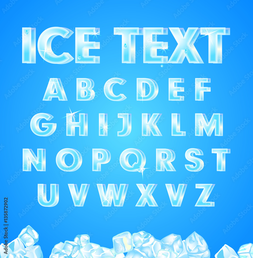 Vector ice alphabet on blue background and  the cubes.