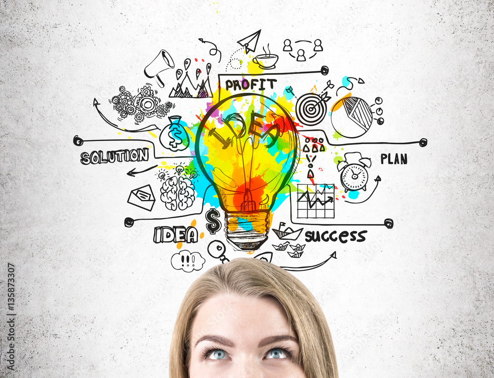 Close up of womanâ€™s head and colorful idea sketch