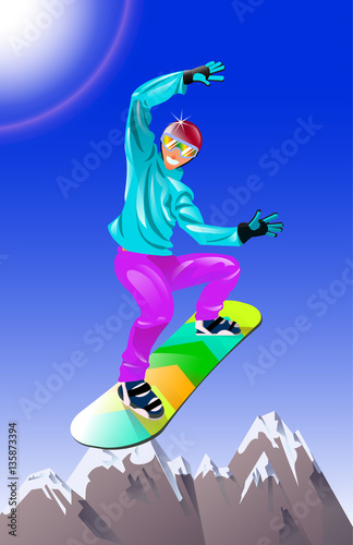 Sportsman on snowboard with mountains on background.