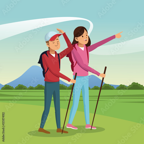 young couple hiking with backpack walking sticks landscape vector illustration eps 10