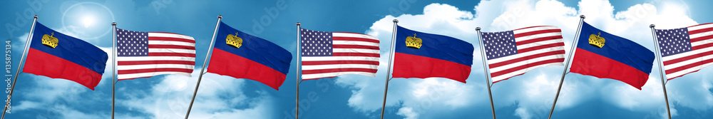 Liechtenstein flag with American flag, 3D rendering Liechtenstein flag with American flag, 3D rendering