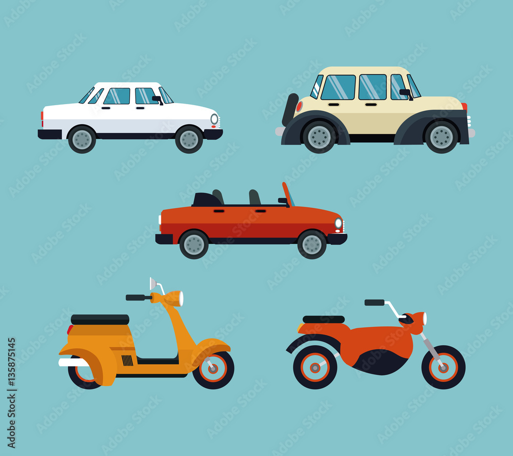 collection cars motorcycles expensive vector illustration eps 10