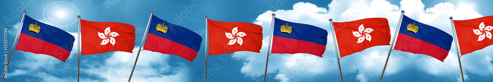 Liechtenstein flag with Hong Kong flag, 3D rendering Liechtenstein flag with Hong Kong flag, 3D rendering