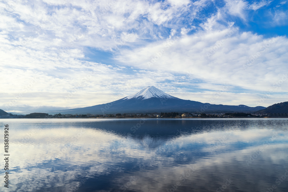 reflection of mountain fuji on lake and blue sky with cloudscape - can use to display or montage on product