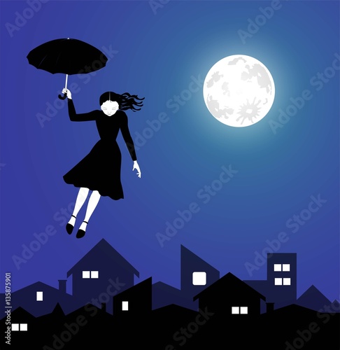 illustrazione fantastica di giovane ragazza che vola nel cielo di notte