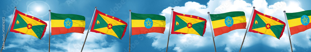 Grenada flag with Ethiopia flag, 3D rendering Grenada flag with Ethiopia flag, 3D rendering