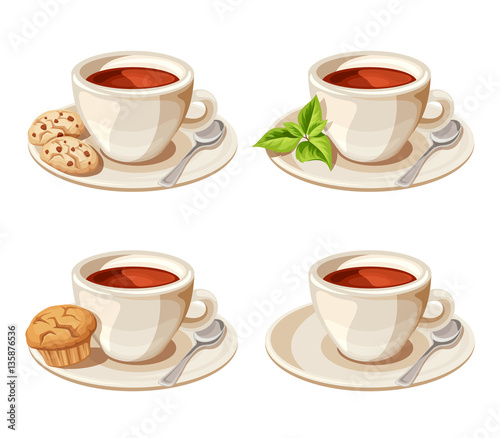 Vector set of four porcelain cups of tea with cookies, muffin and tea leaves isolated on a white background.