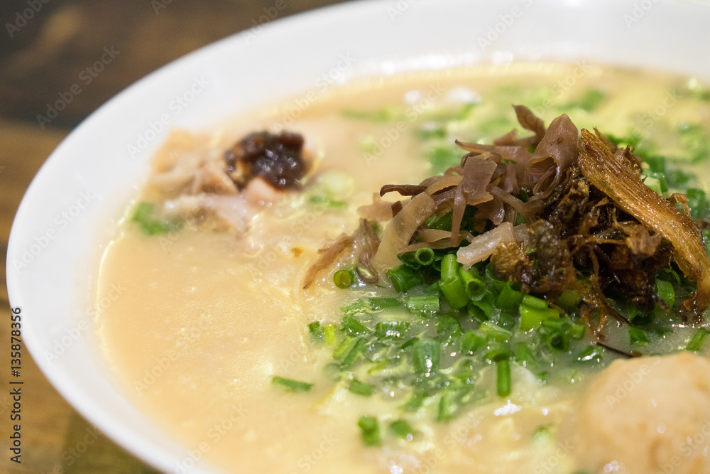 Japanese ramen soup with chicken, chicken meat balls, Welsh onio Japanese ramen soup with chicken, chicken meat balls, Welsh onio