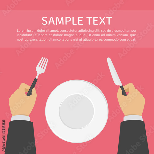 Hands holding fork knife plate.