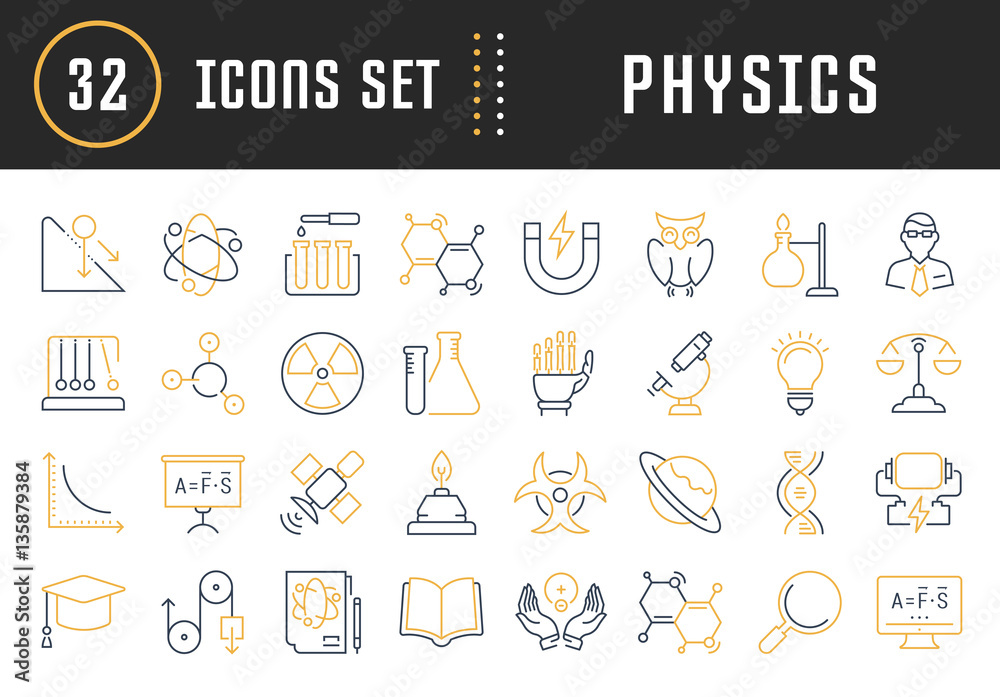 Set Vector Flat Line Icons Physic Set Vector Flat Line Icons Physic