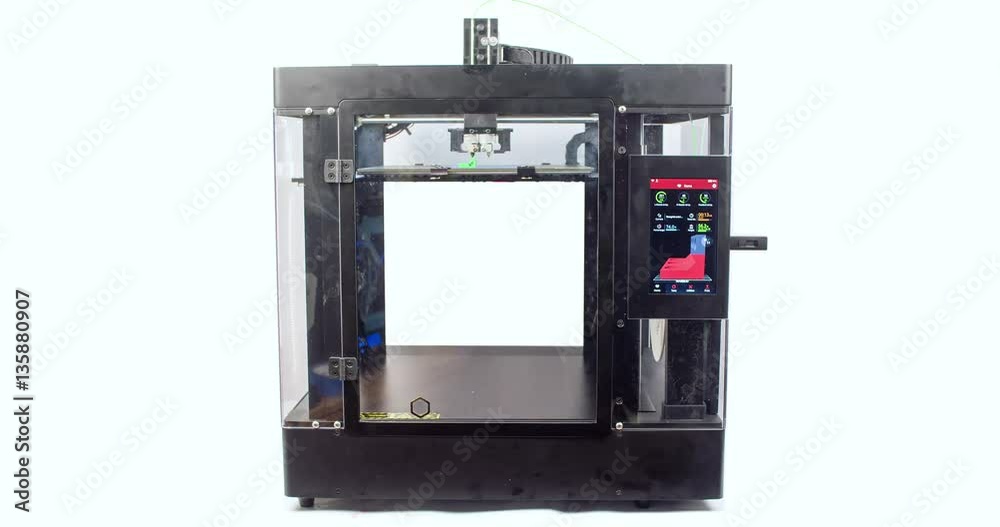 Working 3D printer isolated on white background 4k video. Process of printing three dimensional model: extruder creates object. Additive manufacturing device machine technology concept Working 3D printer isolated on white background 4k video. Process of printing three dimensional model: extruder creates object. Additive manufacturing device machine technology concept
