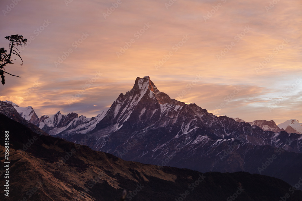 Beautiful landscape of Mount Machapuchare covered with snow and ice and illuminated with pink sunlight. Craggy snowy peak rising above desolate valley. Frosty winter morning high in mountains