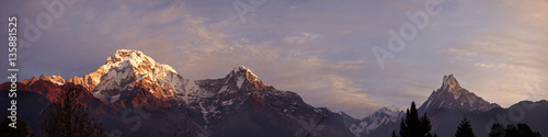Beautiful landscape of the Himalayas summits covered with snow and ice, rising above wild nature of national park in Nepal. Mountains, highlands, altitude and mountaineering concept. Panoramic shot © wayhome.studio 