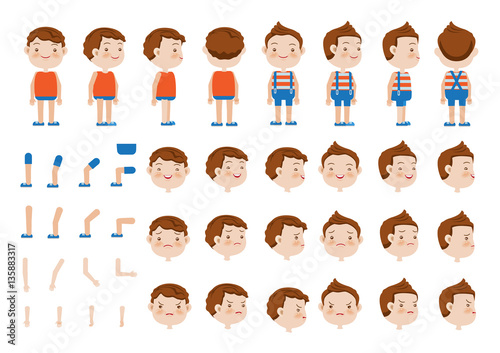  Boys character creation set. Icons with different types of faces and hair style, emotions,  front, rear, side view of male person. Moving arms, legs. Vector illustration
