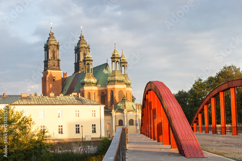 Poznan, Poland - June 29, 2016: Old bridge and cathedral church in polish town Poznan