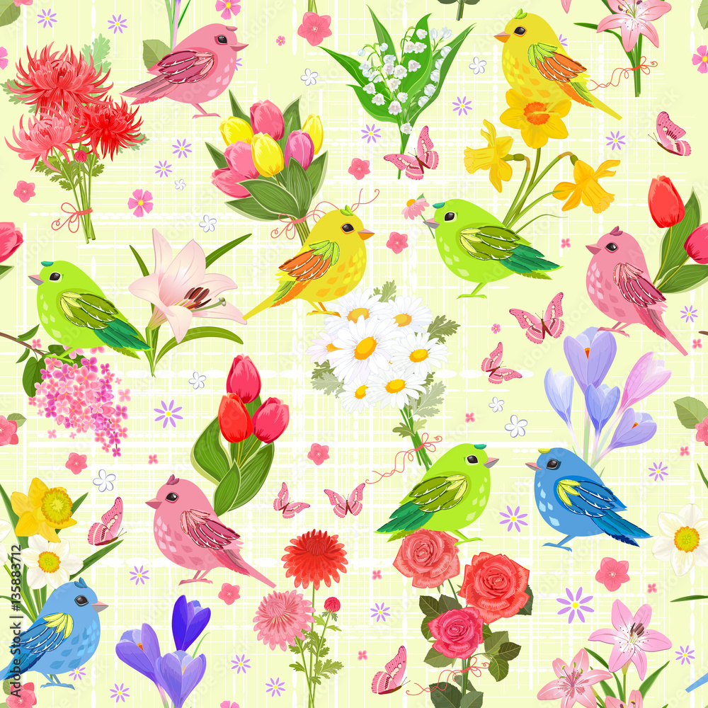 colorful seamless texture with cute birds and lovely bouquets of