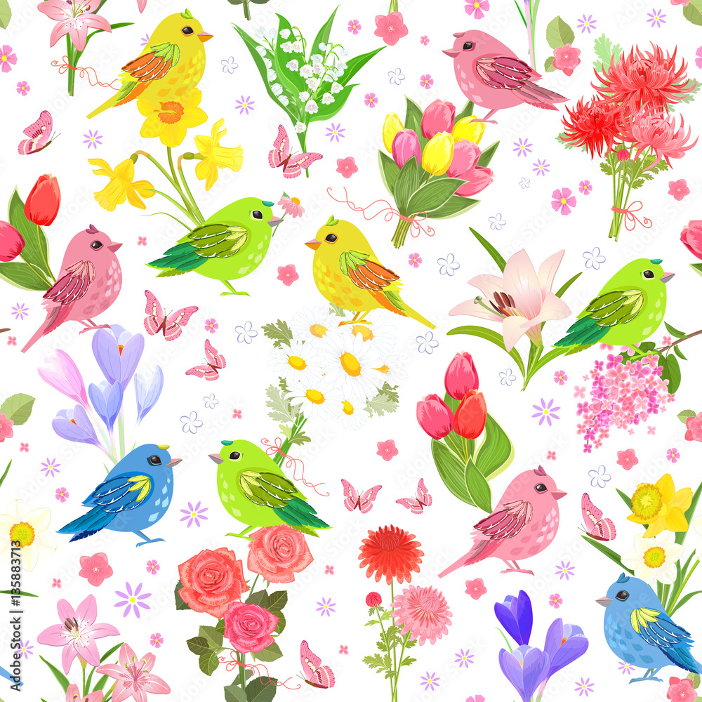 colorful seamless texture with cute birds and lovely bouquets of