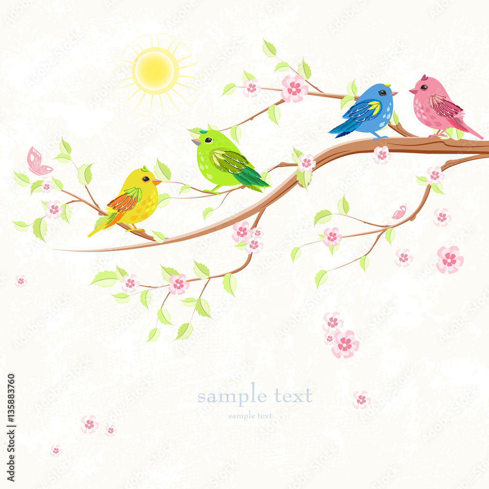 invitation card with enamored colorful birds on branch of tree