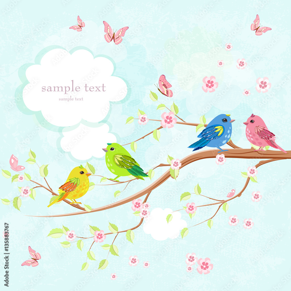 greeting card with enamored birds on branch of sakura and butter
