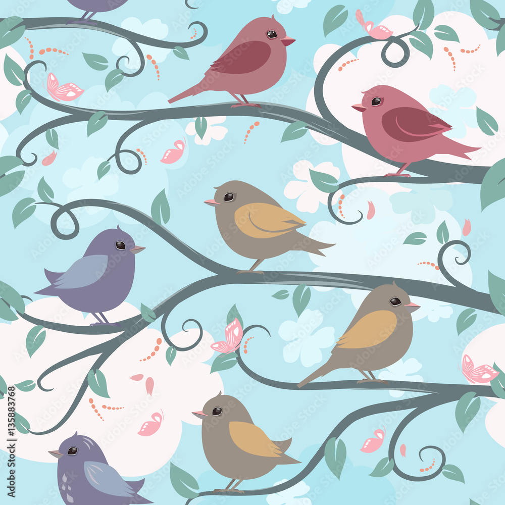 seamless texture with cute birds on branches in spring
