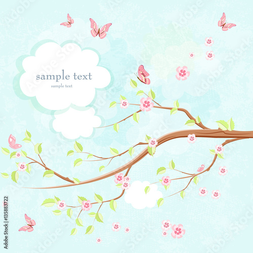 lovely spring day. branch of sakura on grunge texture of blue sk