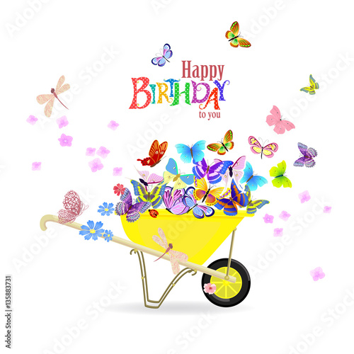 happy invitation card with wheelbarrow of butterflies for your d