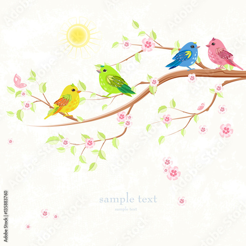 invitation card with enamored colorful birds on branch of tree