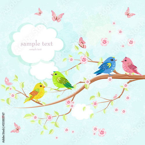 greeting card with enamored birds on branch of sakura and butter