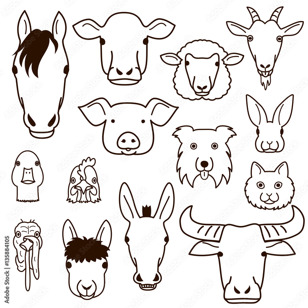 cute farm animal faces line art set Stock Vector | Adobe Stock