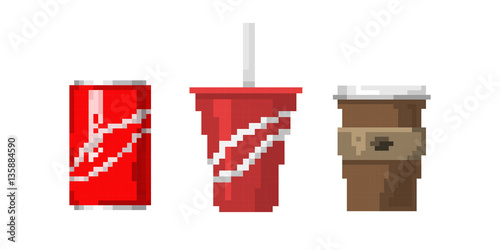Pixel art fast drink cups vector illustration.