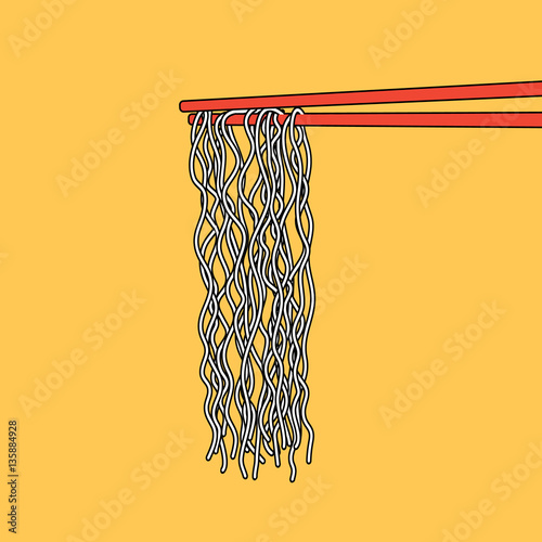 Instant Noodle Asian food into chopsticks, menu poster, vector illustration