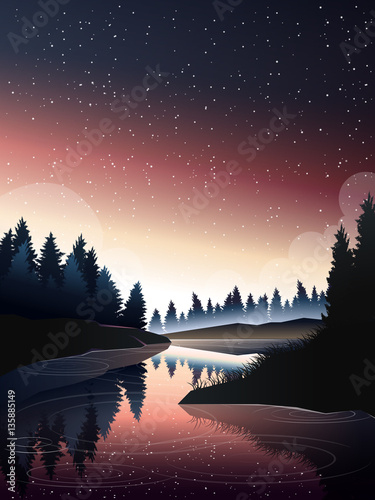 river in pine wood at dusk