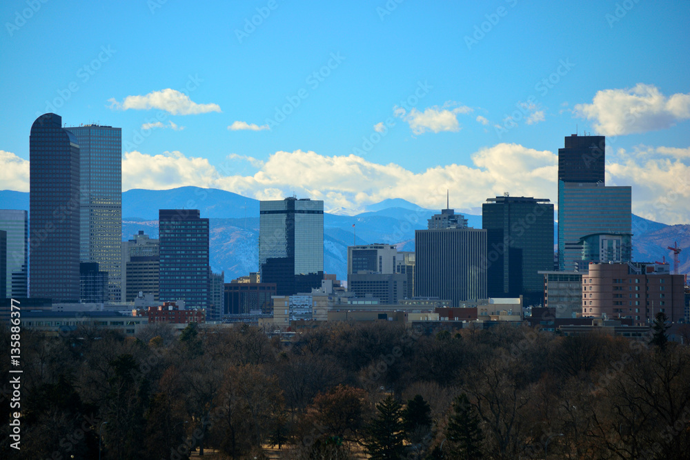 Downtown Denver, Colorado Skyscrapers with the Rocky Mountains in the Background